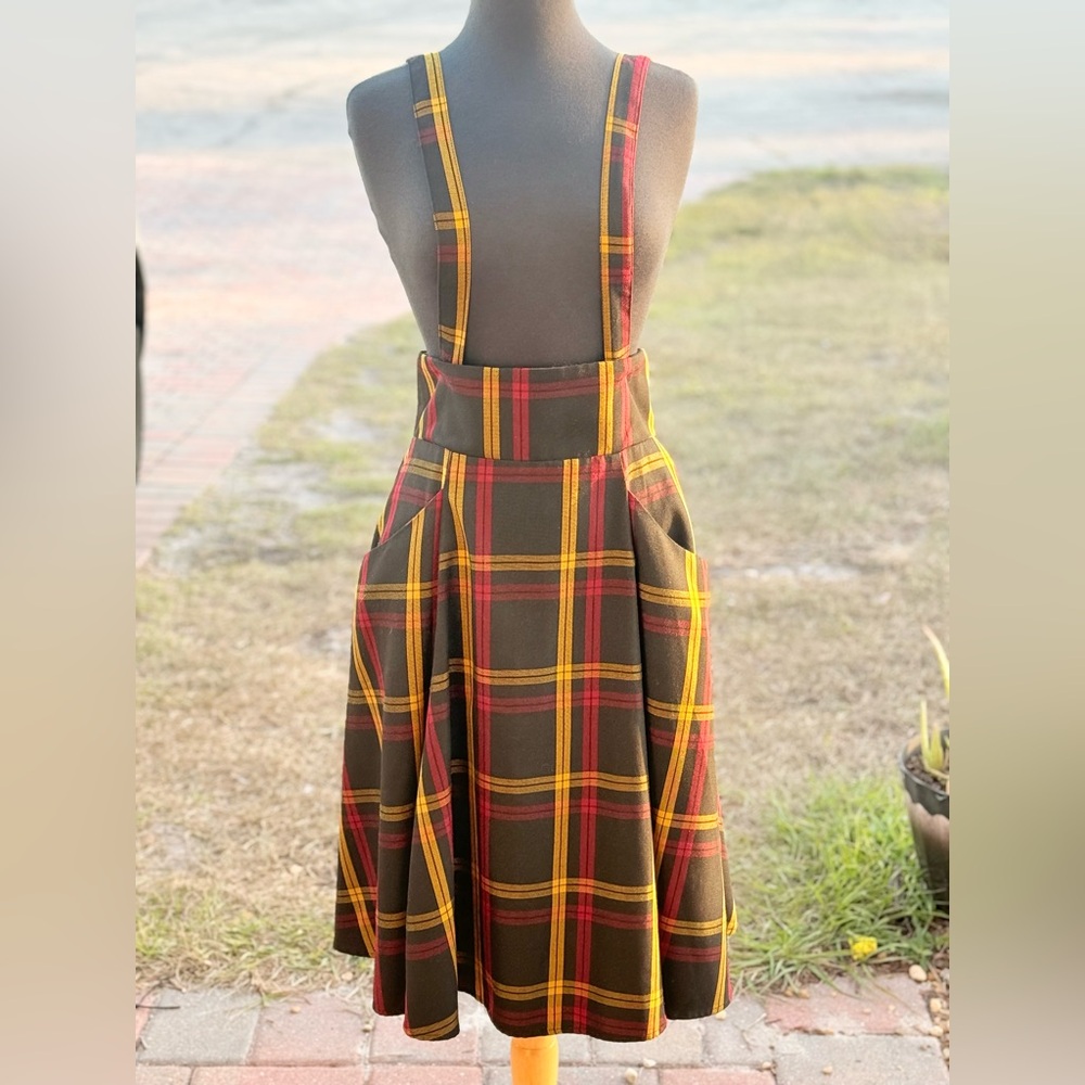 Collectif maroon and Yellow Plaid overall skirt Dress